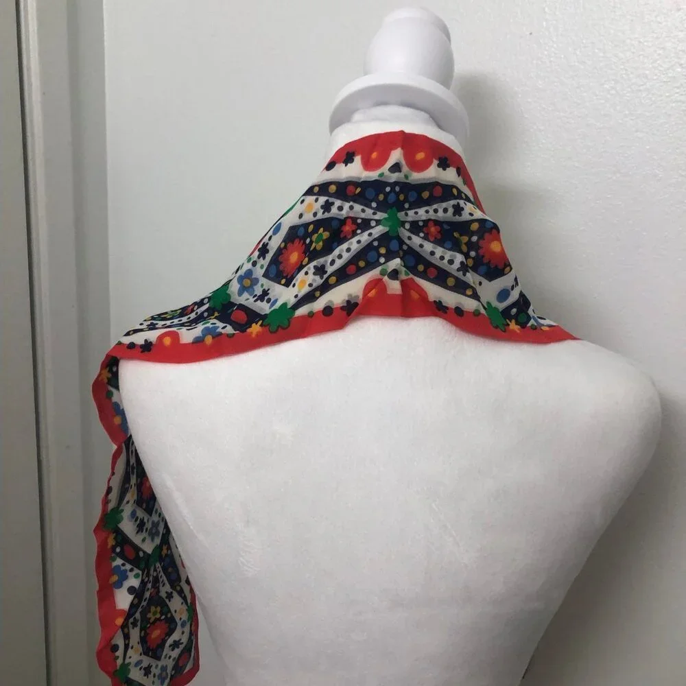 Vintage 1960s 1970s Cottagecore Folk Art Scarf